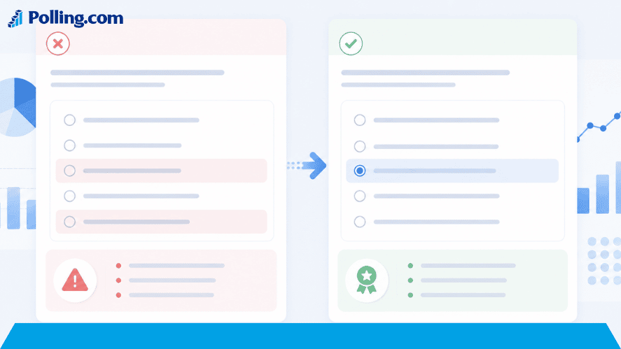 Clean comparison graphic showing poorly structured single-response question choices improved into clear, mutually exclusive radio button options.