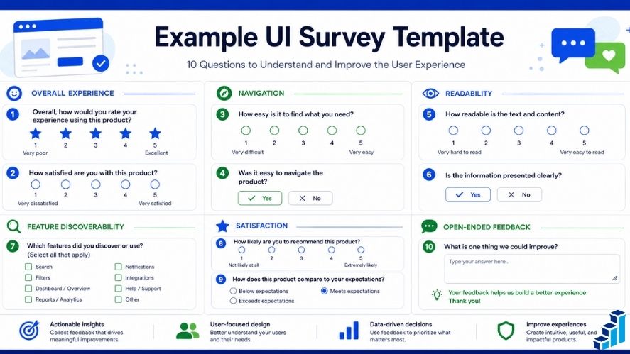 Example UI survey template with 10 questions covering overall experience, navigation, readability, feature discoverability, satisfaction, and open-ended feedback.