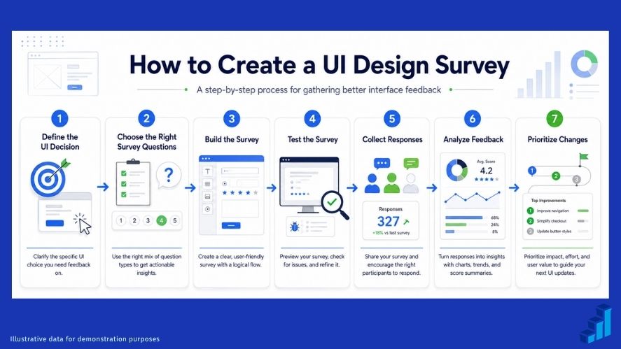 Step-by-step process for creating a UI design survey, from defining the UI decision and choosing questions to collecting responses, analyzing feedback, and prioritizing changes.