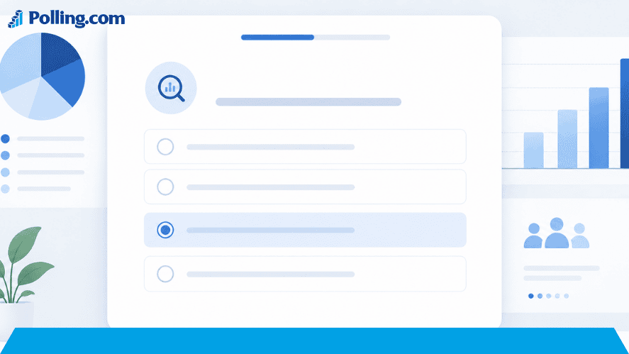 Professional market research survey dashboard with a single-choice radio button question, one selected answer, and subtle analytics charts.
