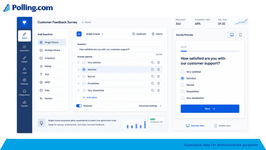 Modern survey builder interface showing a single-response question being created, with radio button answer choices, a settings sidebar, and a survey preview panel.