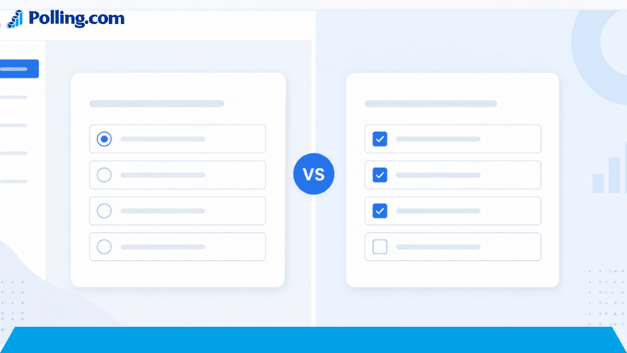 Split-screen survey interface comparing single response radio buttons with multiple response checkbox selections.