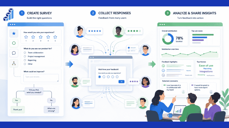 Survey research workflow showing survey creation, user responses, quantitative data, qualitative comments, and analytics.