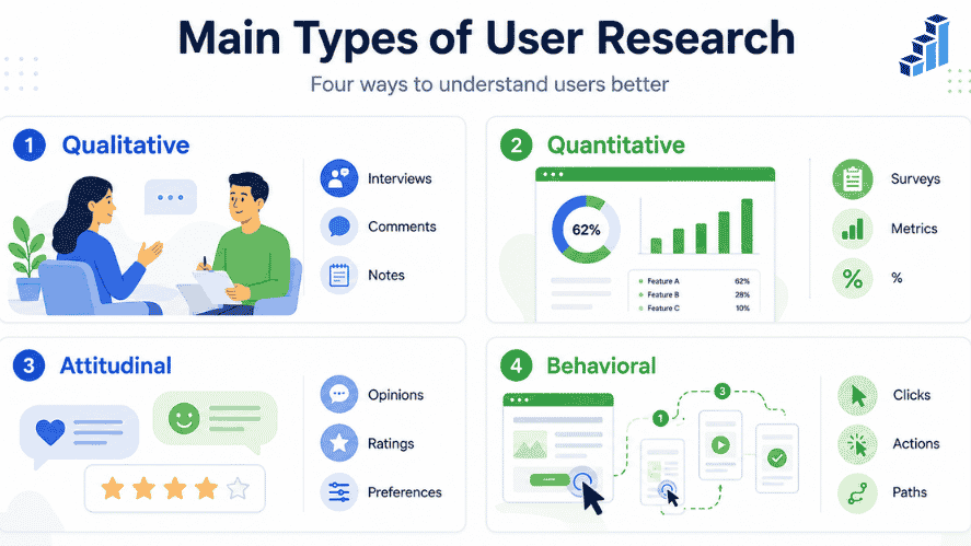 Comparison of qualitative, quantitative, attitudinal, and behavioral user research methods.
