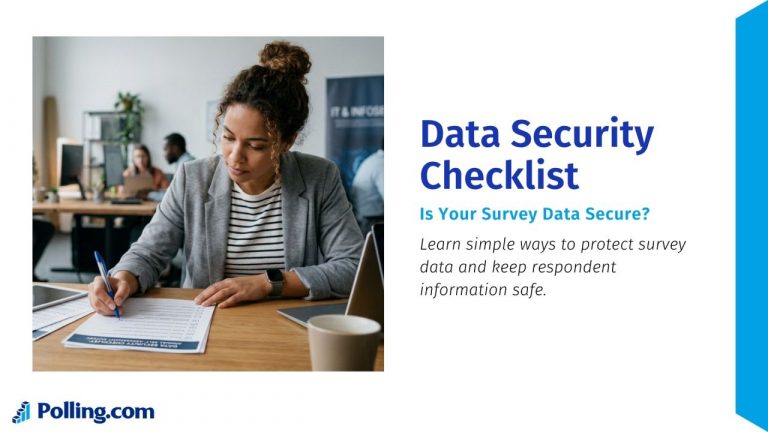 A promotional image featuring a woman sitting at an office desk filling out a printed checklist with a pen. To the right, bold text reads "Data Security Checklist: Is Your Survey Data Secure?" followed by the subtext, "Learn simple ways to protect survey data and keep respondent information safe," with the Polling.com logo in the bottom left corner.