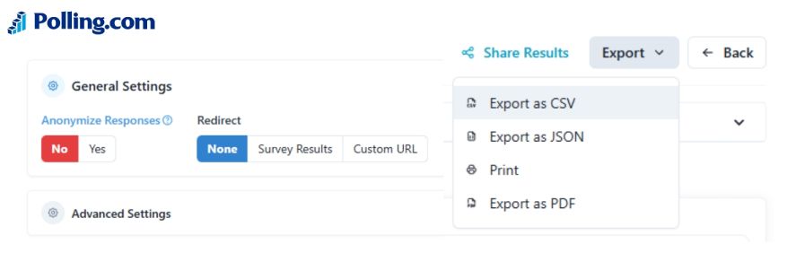 Anonymous survey and export options on Polling.com