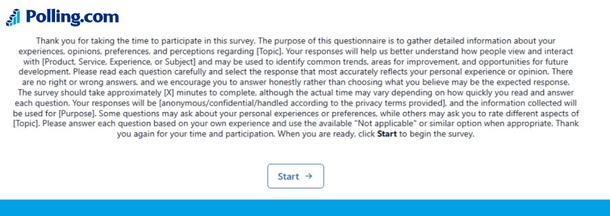 A screenshot of a survey introduction webpage showing an overly dense, long block of paragraph text covering survey guidelines, privacy terms, and instructions above a "Start" button.   