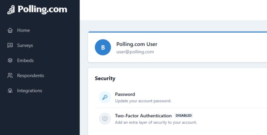 Polling.com's security setting with Password and Two-Factor Authentication