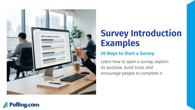 A promotional graphic featuring the title "Survey Introduction Examples: 20 Ways to Start a Survey" alongside a photograph of a professional sitting at a desk with a computer displaying a document of survey templates.