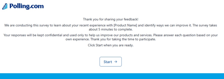 A screenshot of a concise survey introduction page thanking respondents, outlining a 5-minute completion time, guaranteeing confidentiality, and displaying a centered "Start" button.   