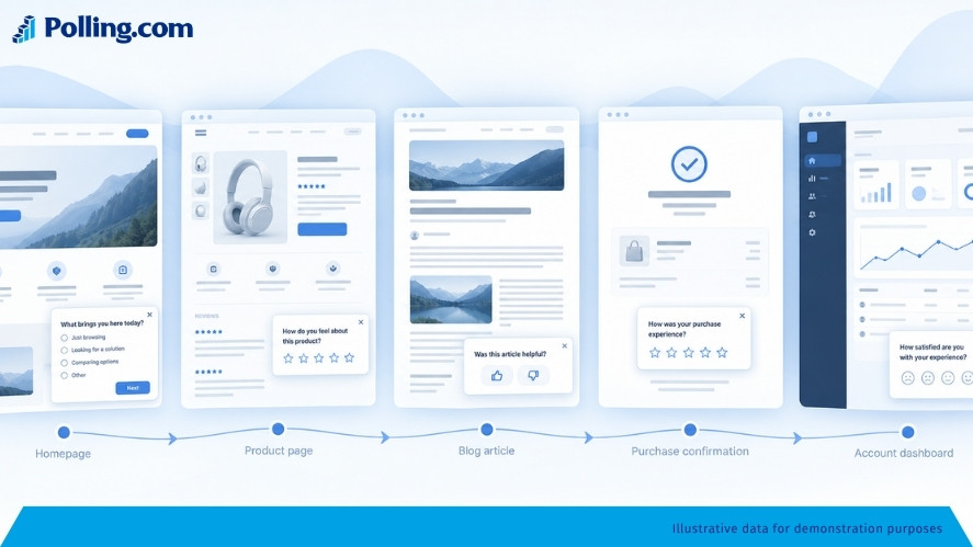 Examples of survey placement on homepage, product page, blog, checkout, and SaaS dashboard.
