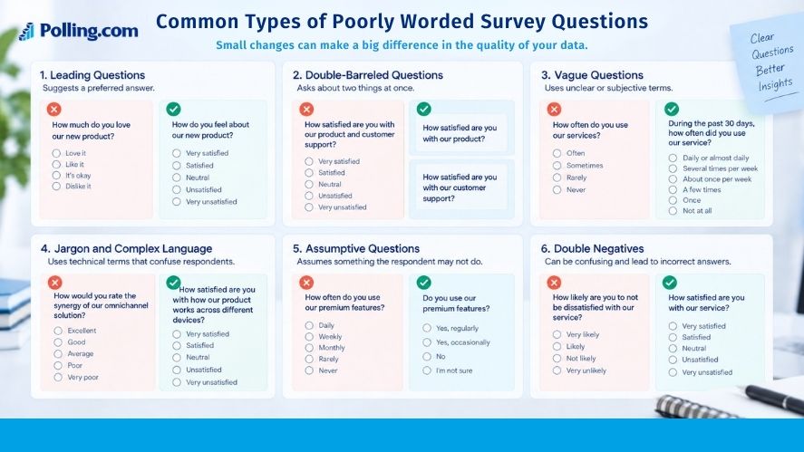 Examples of leading, double-barreled, vague, jargon-filled, assumptive, and double-negative survey questions with clearer alternatives