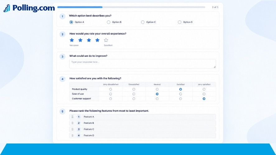 Survey interface showing multiple question formats, including radio buttons, rating scale, open-ended response, matrix question, and ranking question.