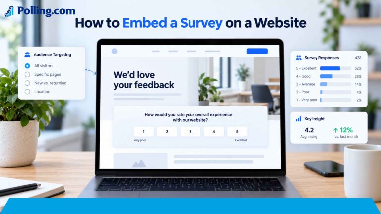 Embedded survey displayed on a modern website with audience targeting and feedback controls.