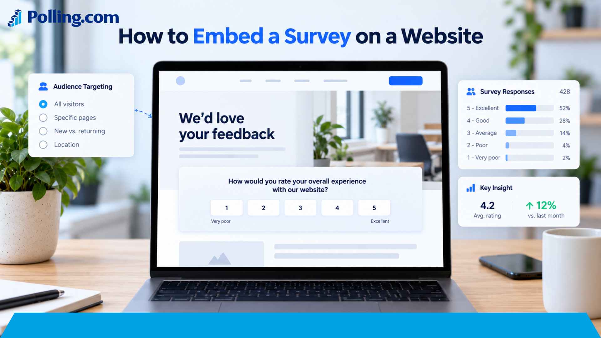 Embedded survey displayed on a modern website with audience targeting and feedback controls.