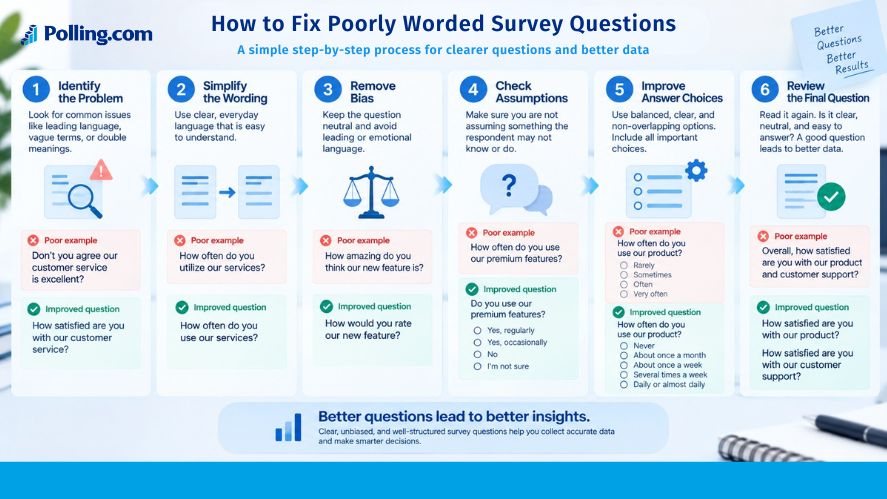 Six-step process for fixing poorly worded survey questions by simplifying wording, removing bias, checking assumptions, and improving answer choices