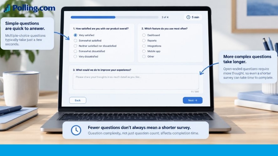 Laptop survey interface showing how simple multiple-choice questions and longer open-ended fields affect survey completion time and question length.