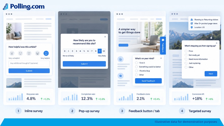 Comparison of inline, pop-up, feedback button, and targeted website survey formats.