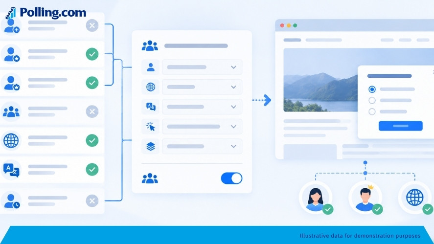 Website survey targeting interface filtering visitors by behavior, customer segment, language, and location.