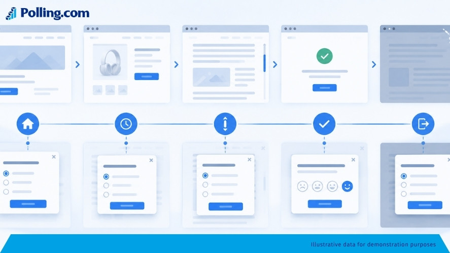Website survey timing examples using page load, delay, scroll, action, and exit triggers.