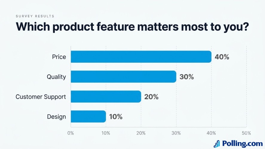 A horizontal bar chart titled "Which product feature matters most to you?" displaying survey response percentages with Price leading at 40 percent, Quality at 30 percent, Customer Support at 20 percent, and Design at 10 percent.