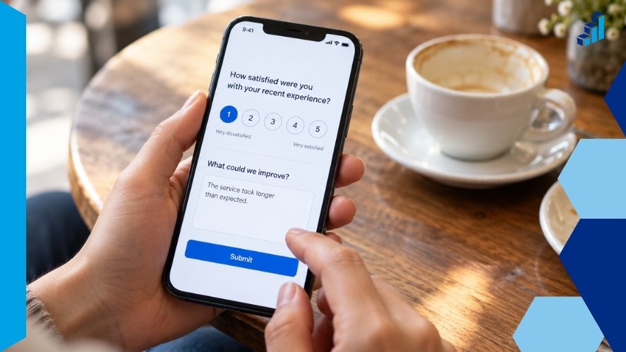 Person holding a phone with a customer survey showing a low satisfaction rating and an improvement follow-up question.