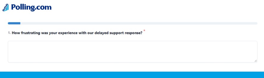 A screenshot of a survey page on Polling.com showing a loaded question, "1. How frustrating was your experience with our delayed support response?" followed by an open-ended text input box.