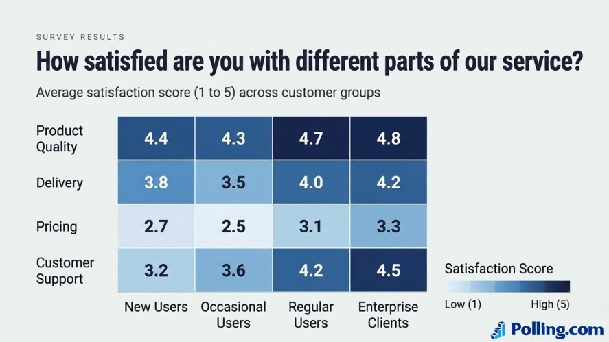 A heatmap matrix titled "How satisfied are you with different parts of our service?" displaying average satisfaction scores from 1 to 5 across categories like Product Quality, Delivery, Pricing, and Customer Support segmented by user groups.