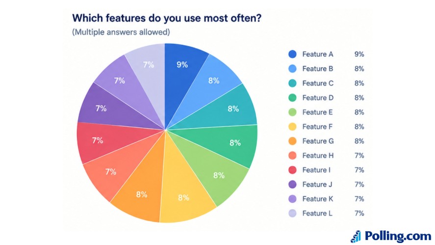 An overcrowded pie chart titled "Which features do you use most often? (Multiple answers allowed)" demonstrating data visualization misuse by displaying twelve small, similar percentage slices ranging from 7 to 9 percent.