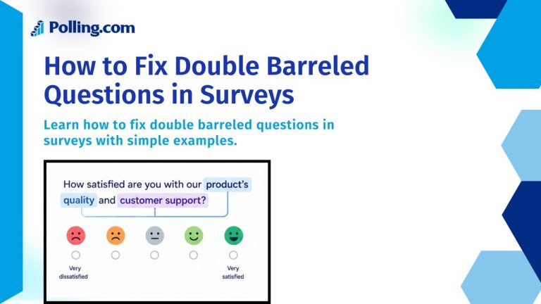 A title graphic titled "How to Fix Double Barreled Questions in Surveys" featuring an example survey question asking "How satisfied are you with our product's quality and customer support?" with highlighted text emphasizing the combination of two separate topics above a emoji satisfaction rating scale.