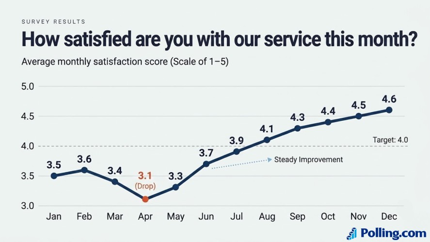 A line chart titled "How satisfied are you with our service this month?" showing average monthly satisfaction scores across a full year from January to December, highlighting a dip in April before steadily rising to 4.6.