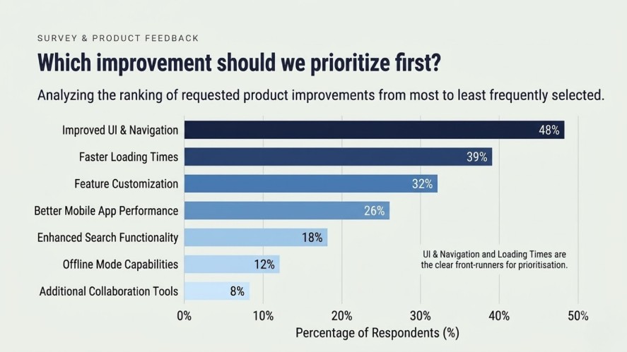 A ranked horizontal bar chart titled "Which improvement should we prioritize first?" displaying prioritized features from highest to lowest percentage, led by Improved UI & Navigation at 48 percent and Faster Loading Times at 39 percent.