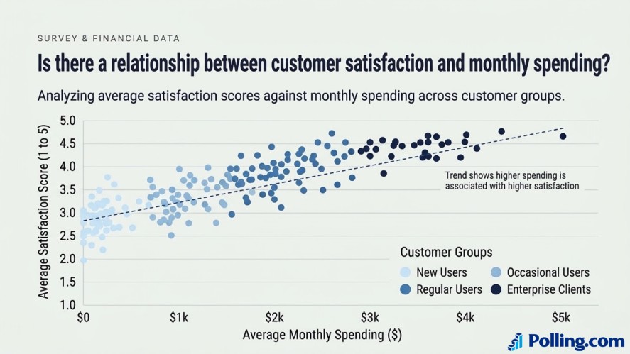 A scatter plot graph asking "Is there a relationship between customer satisfaction and monthly spending?" displaying plotted data points along a dotted trend line comparing Average Satisfaction Score against Average Monthly Spending across four customer tiers.