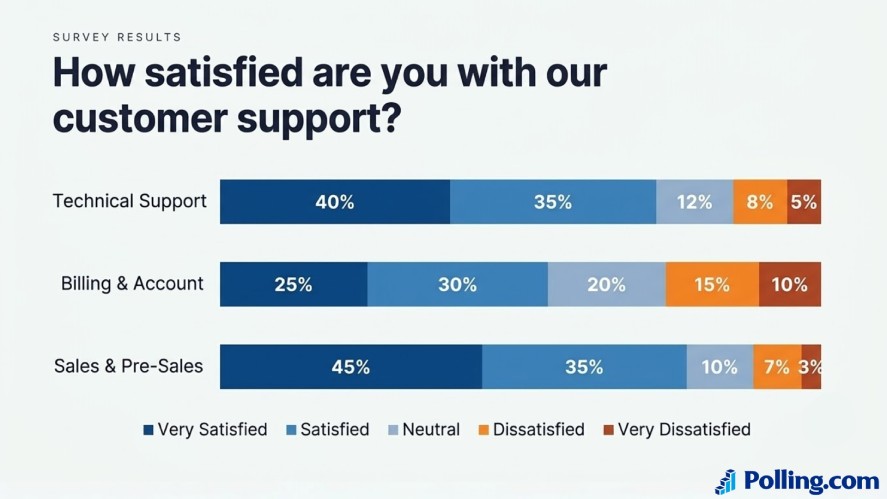 A stacked bar chart titled "How satisfied are you with our customer support?" breaking down response percentages across Technical Support, Billing & Account, and Sales & Pre-Sales. The chart measures satisfaction across five categories: Very Satisfied, Satisfied, Neutral, Dissatisfied, and Very Dissatisfied, with Sales & Pre-Sales achieving the highest combined satisfaction rate at 80 percent.