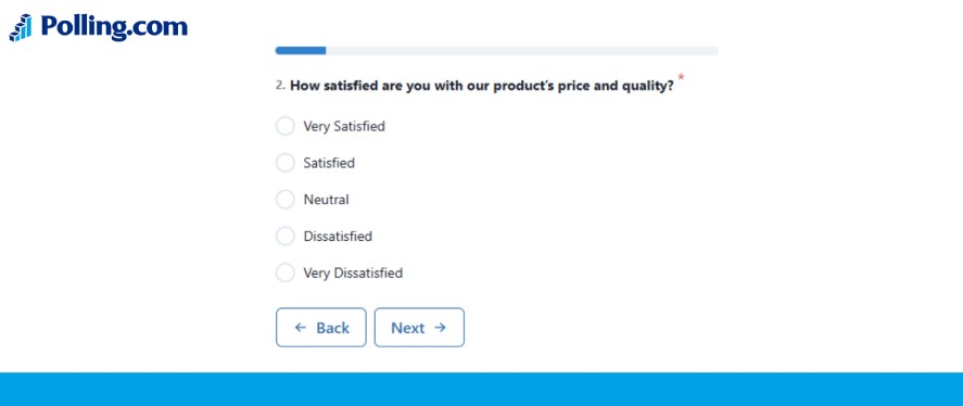 A screenshot of a survey page on Polling.com showing a double-barreled question, "2. How satisfied are you with our product's price and quality?" with multiple-choice response options ranging from "Very Satisfied" to "Very Dissatisfied" above "Back" and "Next" buttons.   