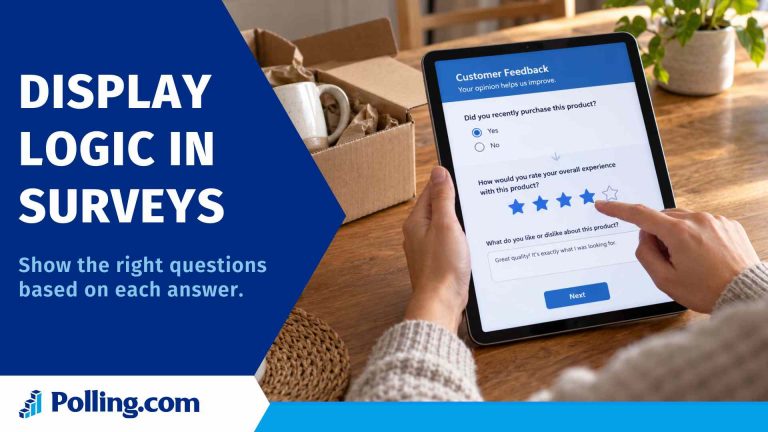 Person completing a customer feedback survey on a tablet, with a selected Yes answer and a follow-up product rating question.