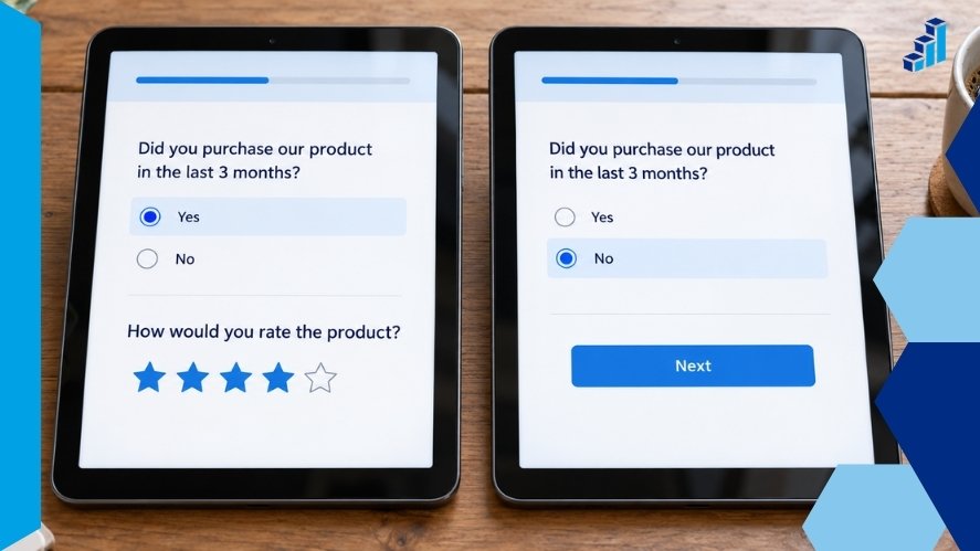 Two tablet surveys showing a product-rating follow-up after Yes and no follow-up after No.