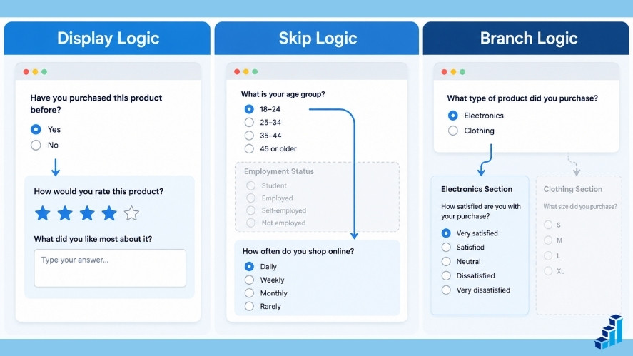 Three survey panels comparing display logic, skip logic, and branch logic with question visibility and routing examples.