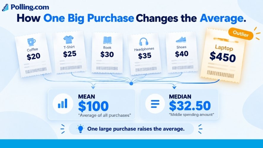 Six shopping receipts showing how a 450 dollar outlier raises the mean to 100 dollars while the median stays at 32.50 dollars