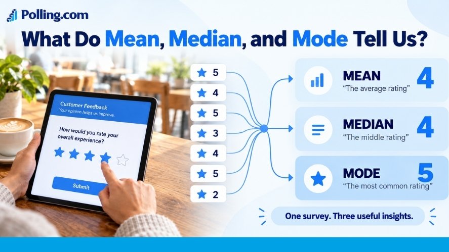 Coffee shop customer ratings showing mean 4, median 4, and mode 5 from seven survey responses