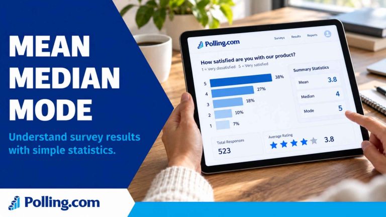 Mean median mode survey analysis shown on a Polling.com style survey graphic