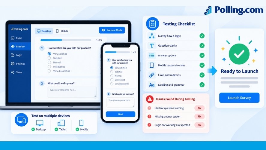 Survey testing visual showing checklist review, preview mode, and issue fixes before launch