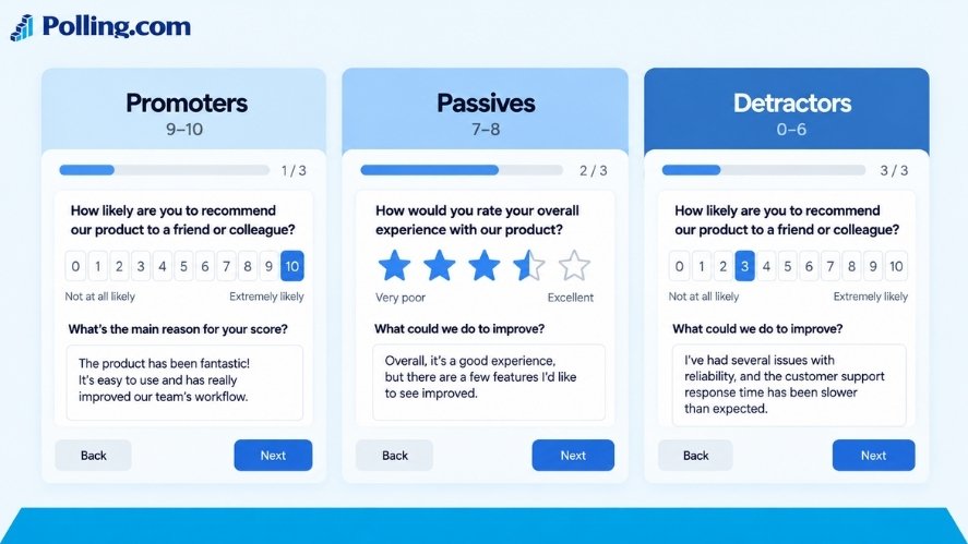 Survey-style image showing NPS customer groups: promoters, passives, and detractors.