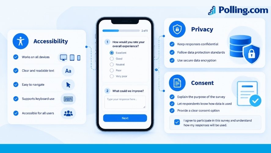 Survey design visual showing accessibility checks, privacy notice, and consent review