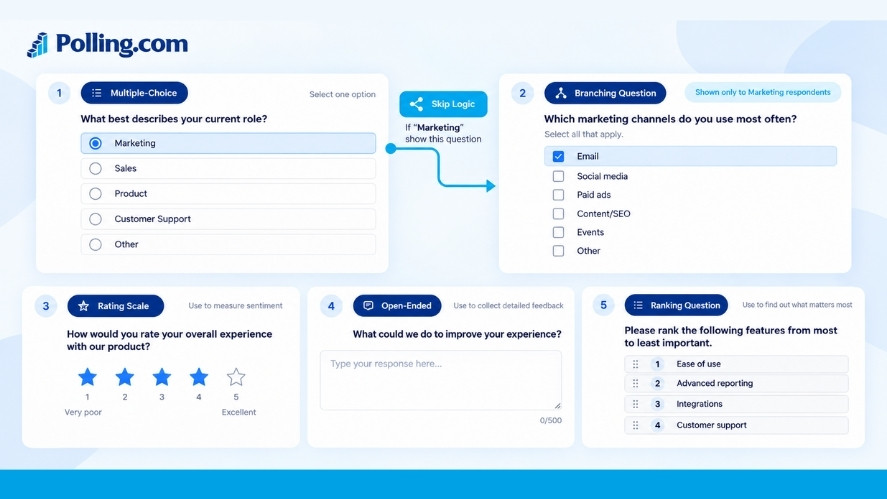 Survey interface showing multiple question types and skip logic in a clean layout
