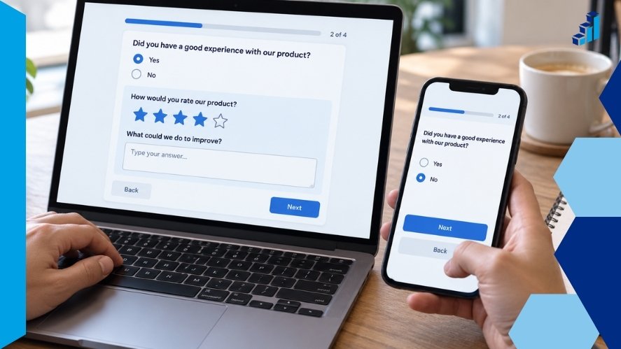 Laptop and phone displaying different logic survey paths, with a checklist for testing conditional follow-up questions.