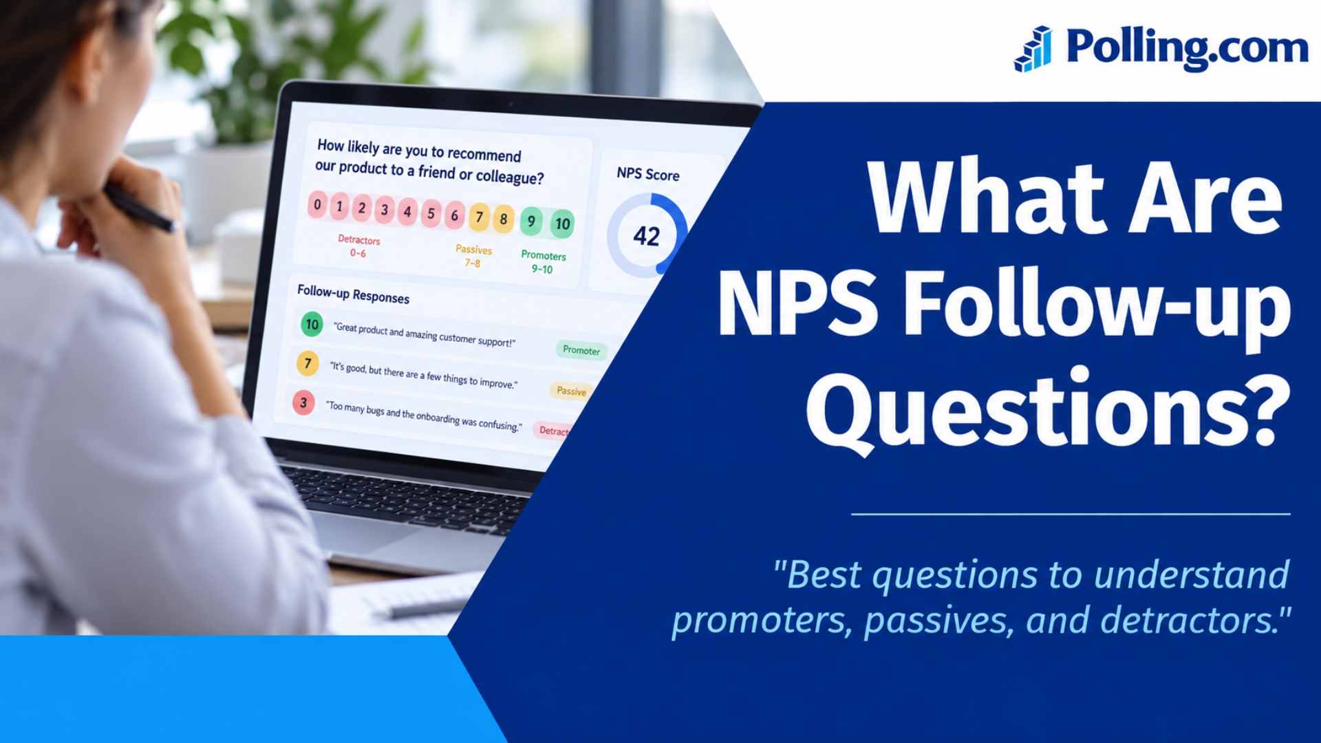 Featured image for a blog about NPS follow-up questions, showing customer feedback and survey analysis.
